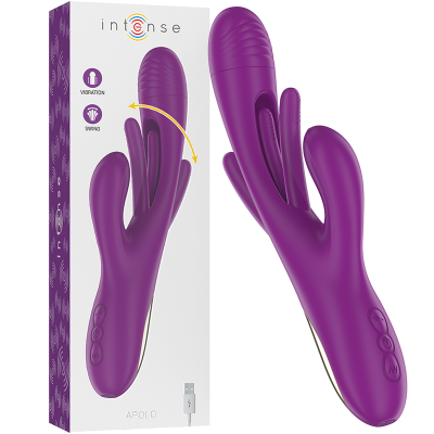 Vibrador roxo com três botões e caixa branca da marca Intense