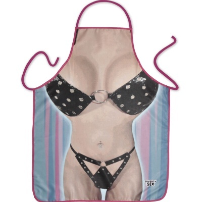 Avental com estampa de corpo feminino em biquíni preto com tachas e argolas
