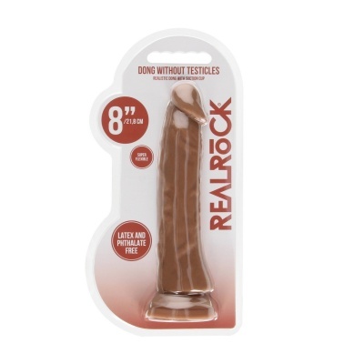 Dildo castanho realístico com ventosa em embalagem de plástico transparente