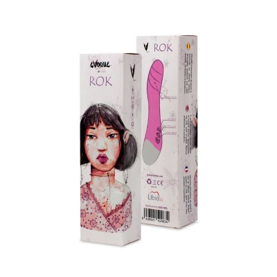 Embalagens dos produtos evocativo ROK com ilustração e descrição do vibrador