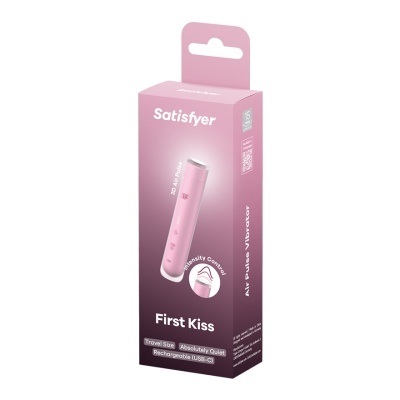 Embalagem rosa de vibrador Satisfyer First Kiss com texto e imagem do produto