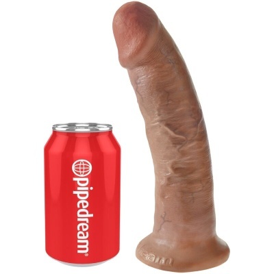 Dildo castanho de silicone e lata vermelha com texto pipedream