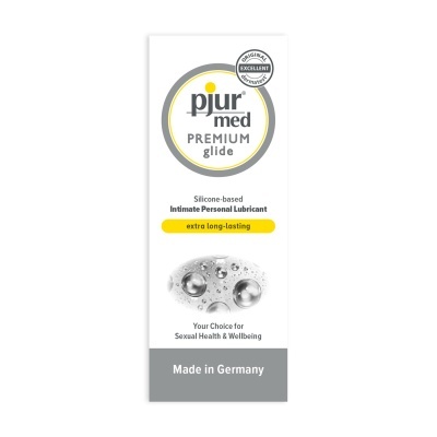 Embalagem de lubrificante íntimo pjur med Premium glide em fundo branco e cinza