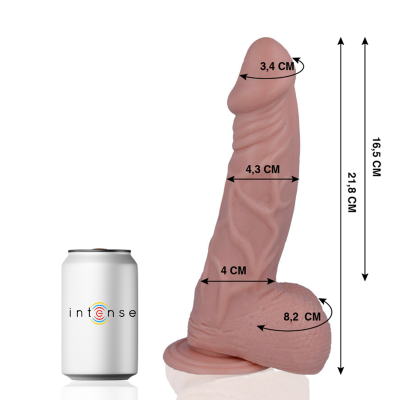 Dildo de cor pele com medidas ao lado e lata branca com logo intense