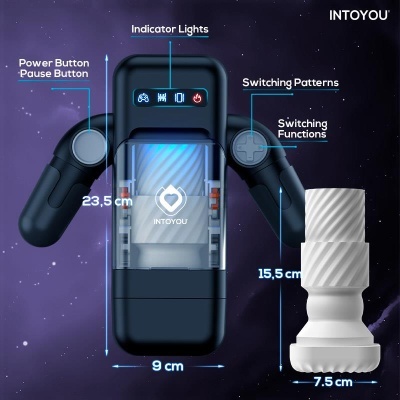 Dispositivo preto INTOYOU com botões e luzes, componente branco ondulado e fundo roxo