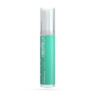 Frasco cilíndrico com tampa transparente e rótulo verde com texto branco