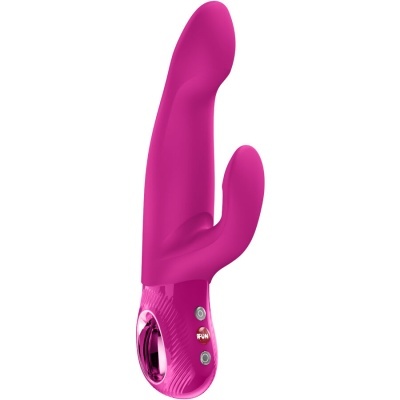 Vibrador rosa em silicone com design duplo e botão de controlo na base