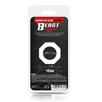 Embalagem de anéis BEAST RINGS com texto e dimensões