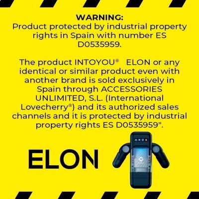 Aviso sobre propriedade industrial do produto ELON da marca INTOYOU com imagem do dispositivo preto no centro