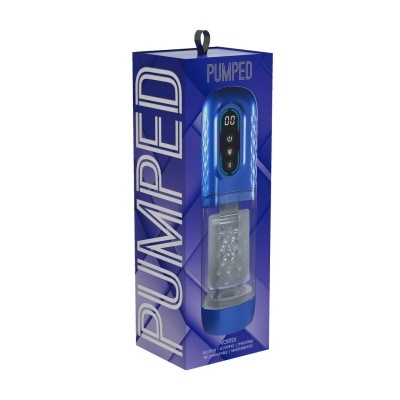 Embalagem do produto PUMPED com aparelho azul metalizado e visor digital