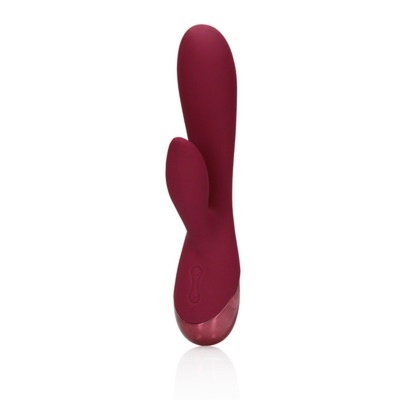 Vibrador duplo em silicone bordô com base rosada