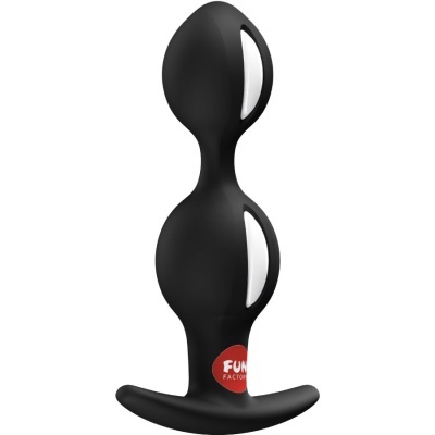 Produto preto de silicone com duas bolas unidas e base de apoio, com etiqueta FUN FACTORY.