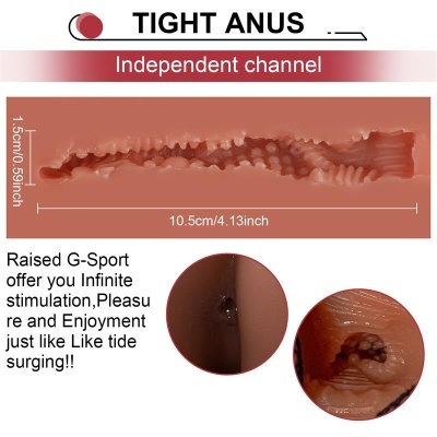 Brinquedo sexual texturizado cor carne com detalhes e texto TIGHT ANUS e medidas visíveis.
