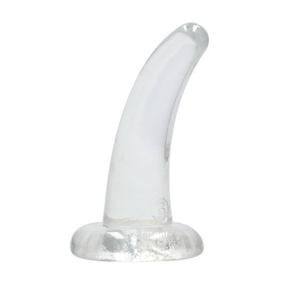 Plug transparente curvo com base larga sobre fundo branco