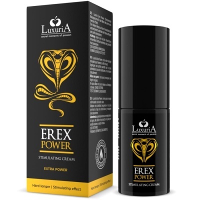 Creme estimulante LuxuriA Erex Power em frasco preto com embalagem preta e amarela