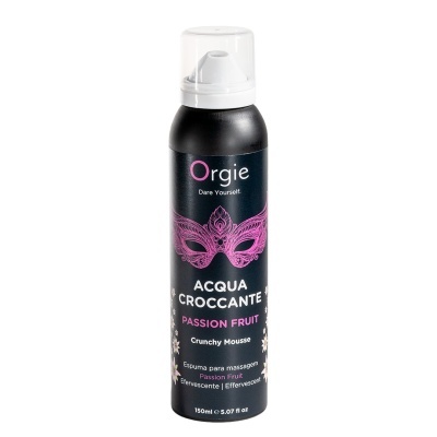 Frasco preto de espuma para massagem Orgie Acqua Croccante Passion Fruit com tampa transparente