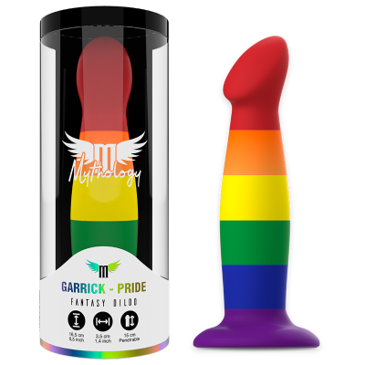 Dildo colorido em arco-íris e embalagem cilíndrica transparente