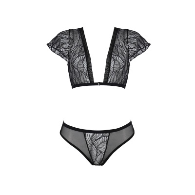 Conjunto de lingerie feminino preto em renda e tule transparente