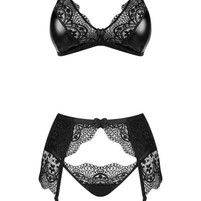 Conjunto de lingerie feminino preto em renda e tecido acetinado com liguero e cueca combinando.