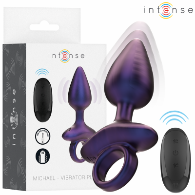 Plug vibratório Michael roxo com controlador remoto preto e embalagem de produto