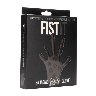 Caixa preta com luva preta texturizada e texto em branco FIST IT