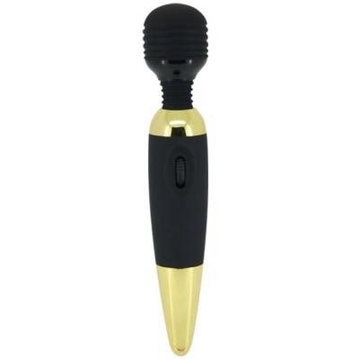 Vibrador massageador portátil preto e dourado com cabeça arredondada de silicone