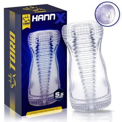 Dispositivo masculino transparente texturizado ao lado da embalagem azul e amarela com texto.