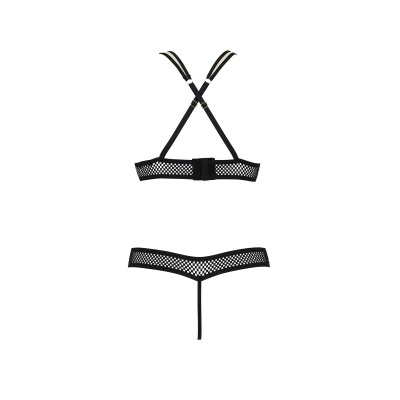 Conjunto de lingerie preto com padrão quadrado de malha e alças ajustáveis