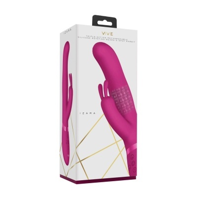 Embalagem de vibrador rosa em silicone com textura de esferas e orelhas de coelho, marca VIVE IZARA.