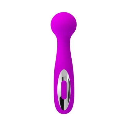 Massageador corporal roxo com botões rosa em fundo branco