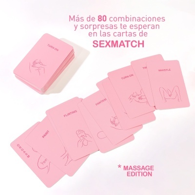 Cartas cor-de-rosa com textos em inglês e desenhos minimalistas, com texto promocional em espanhol sobre SEXMATCH