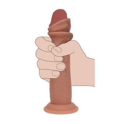 Dildo castanho com ventosa segurado por uma mão desenhada
