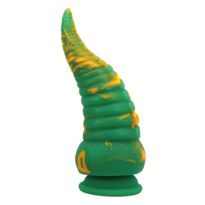 Figura espiral de silicone verde com manchas amarelas e base de ventosa