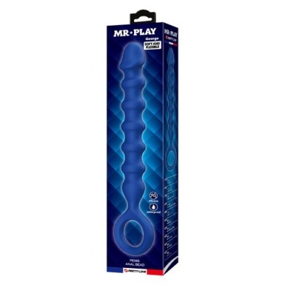 Embalagem de produto azul com design geométrico, contém objeto azul ondulado com alça circular.