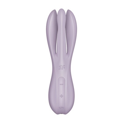 Dispositivo vibrador de silicone lilás com três pontas e botões de controlo