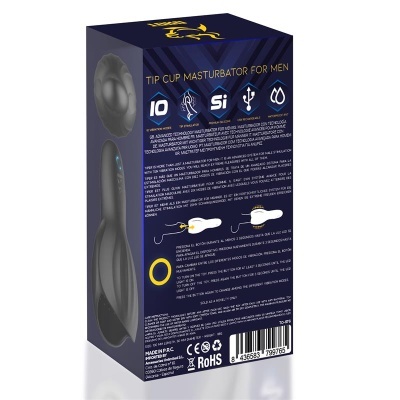 Embalagem azul escura com texto dourado e branco de masturbador masculino em silicone preto
