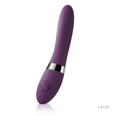 vibrador roxo em silicone com painel de controlo e detalhe prateado