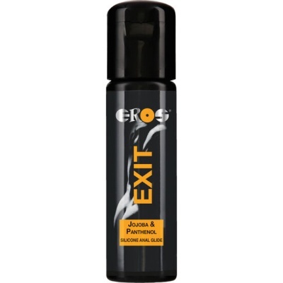 Frasco preto de lubrificante anal EROS com texto amarelo e branco