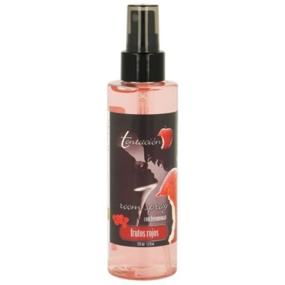 Frasco spray ambiente Tentación frutos vermelhos com rótulo preto e tampa spray preta