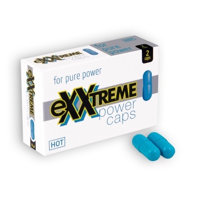 Caixa branca com cápsulas azuis e texto eXXtreme power caps para energia