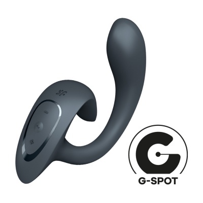 Vibrador cinzento com comando e texto G-SPOT