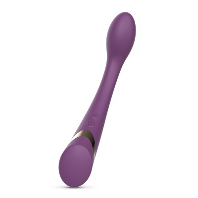 Produto em silicone roxo com botões e detalhes dourados