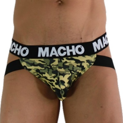 Cueca jockstrap camuflado com cintura preta e texto MACHO em branco