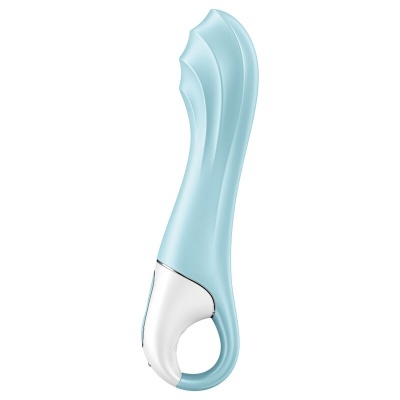 Vibrador azul claro com base branca e anel para segurar