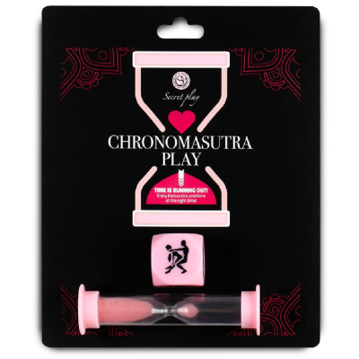 Embalagem preta de jogo CHRONOMASUTRA PLAY com dado rosa ilustrado e ampulheta com areia rosa