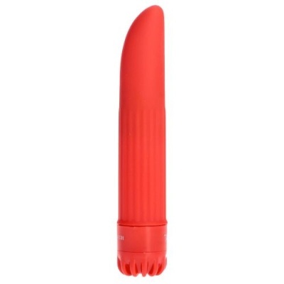 Vibrador vermelho de silicone com textura estriada e detalhes sulcados na base