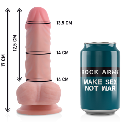 Dildo cor de pele ao lado de uma lata azul com texto ROCK ARMY MAKE SEX NOT WAR e medidas visíveis