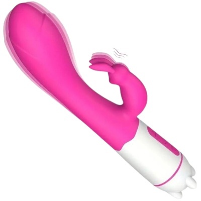 Vibrador rosa e branco com extensão vibratória e botão de controlo
