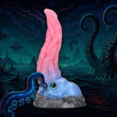 Figura de tentáculo de polvo azul e rosa sobre fundo marinho ilustrado
