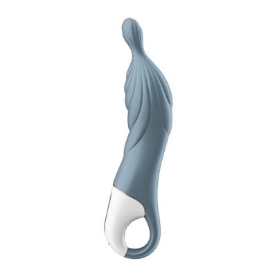 Vibrador azul com padrão ondulado e base branca com abertura circular